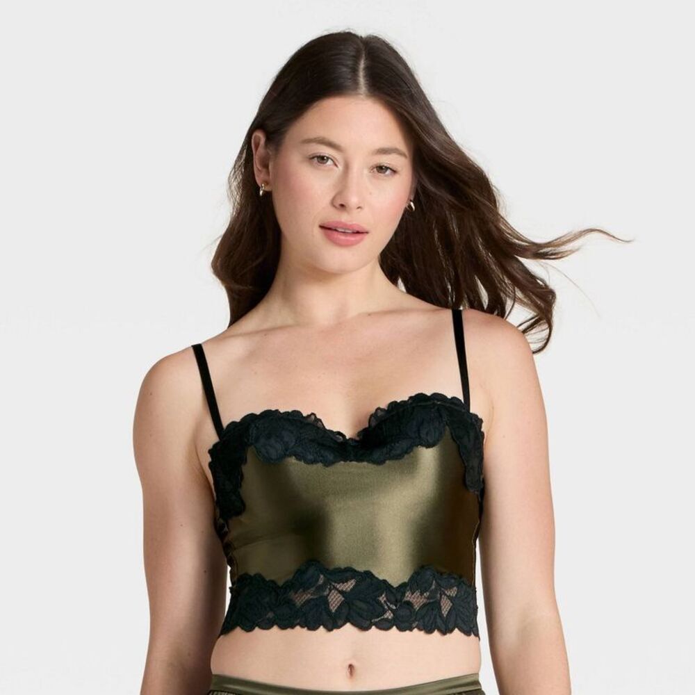 Women's Satin & Lace Lightly Lined Cami Bra - Auden Moss Green S